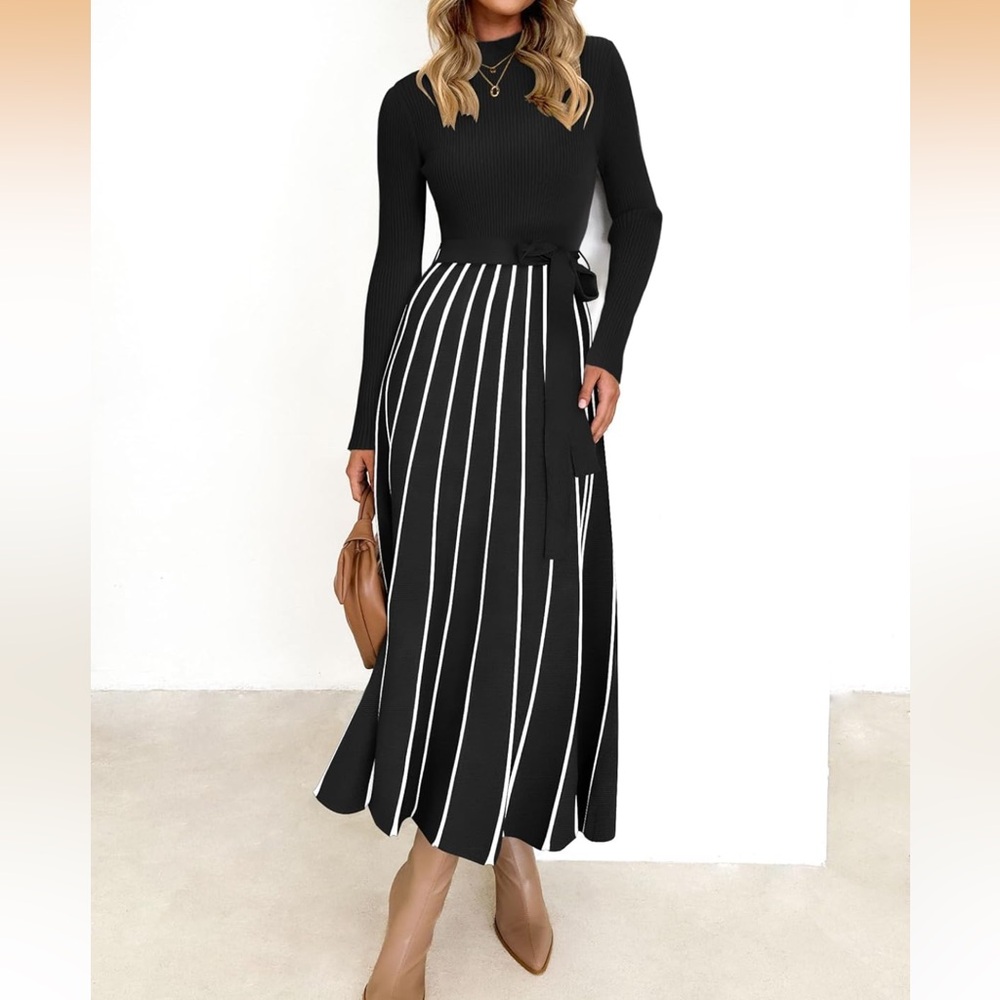 Zesica Womens 2026 spring turtleneck, long sleeve sweater dress tie waist